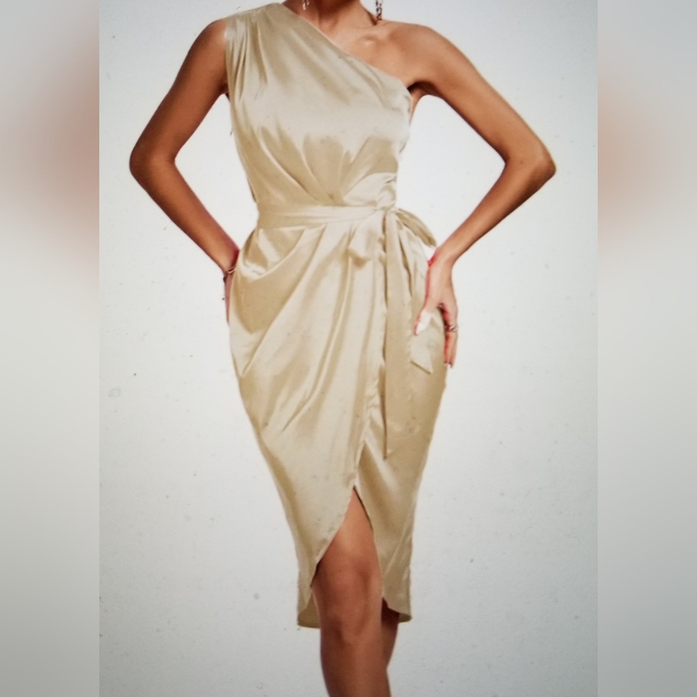 ELEGANT PARTY ONE SHOULDER RUCHED SPLIT WRAP HAM SLEEVELESS DRESS - Picture 8 of 12